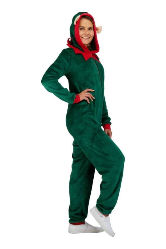 Women's Christmas Elf Hooded Zip Up One Piece Cozy Onesie - 2