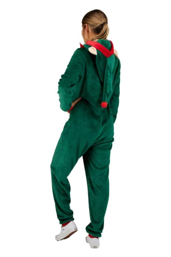 Women's Christmas Elf Hooded Zip Up One Piece Cozy Onesie - 1