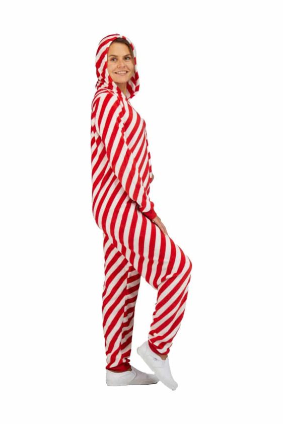 Women's Christmas Striped Hooded Zip Up One Piece Cozy Onesie - 1