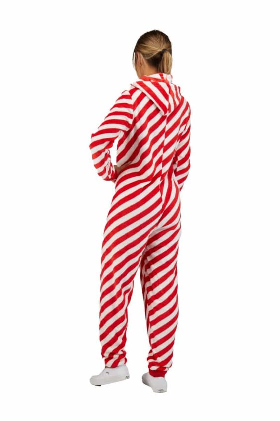Women's Christmas Striped Hooded Zip Up One Piece Cozy Onesie