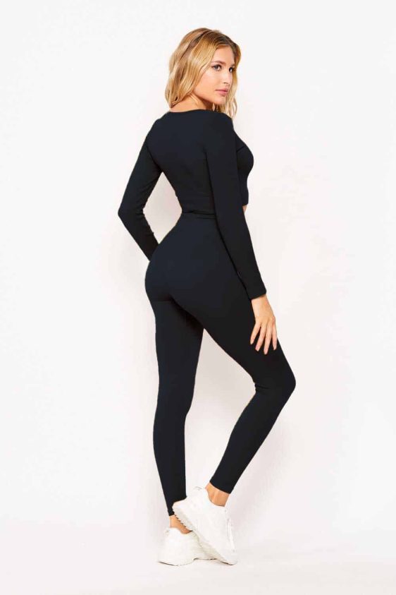 ActiveWear Two Piece Set with Clover Neck Crop Top and Leggings Black