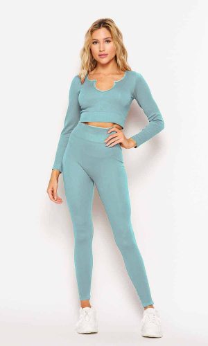ActiveWear Two Piece Set with Clover Neck Crop Top and Leggings Light Blue