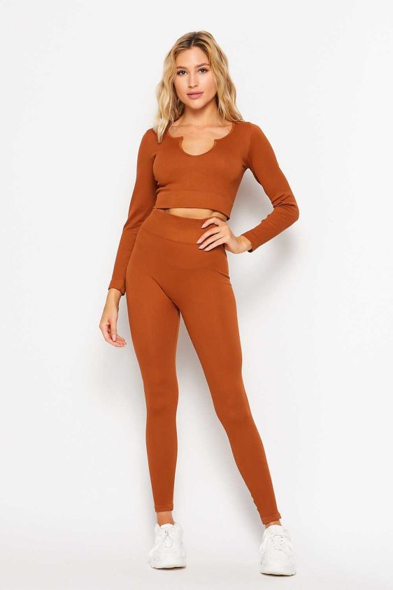 ActiveWear Two Piece Set with Clover Neck Crop Top and Leggings Rust