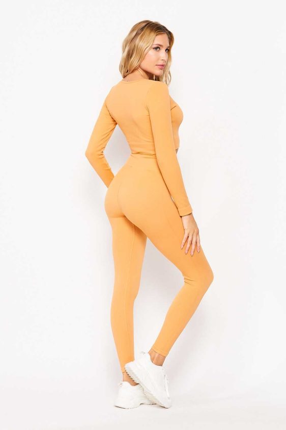 ActiveWear Two Piece Set with Clover Neck Crop Top and Leggings Yellow