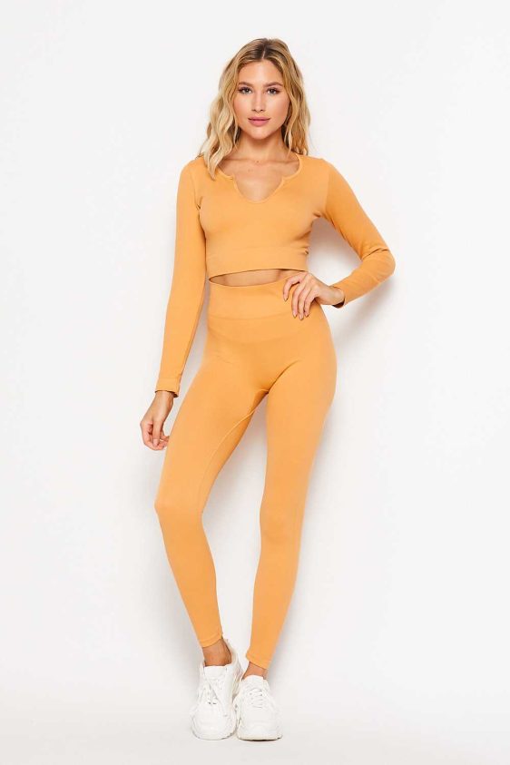 ActiveWear Two Piece Set with Clover Neck Crop Top and Leggings Yellow