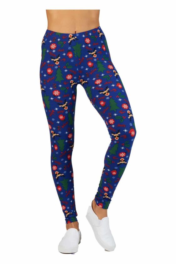 Christmas Print Ankle Leggings with Christmas Tree Funny Deer Snow and Glove