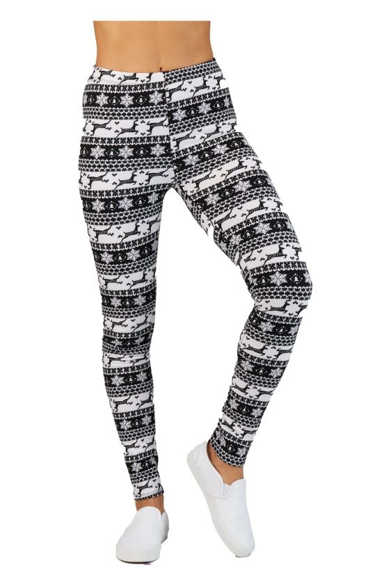 Christmas Print Ankle Leggings with Deer Snow and Hearts