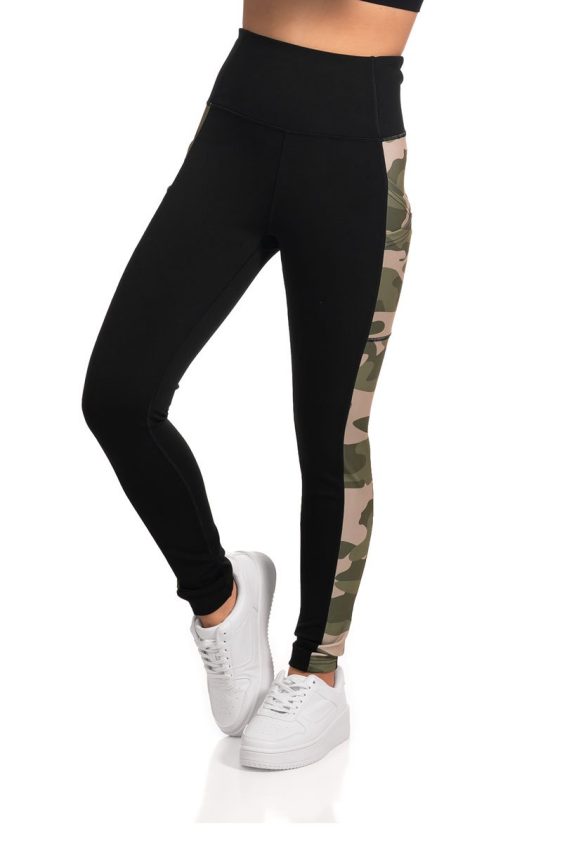 Full Length Active Leggings with Camouflage Print Side Panel