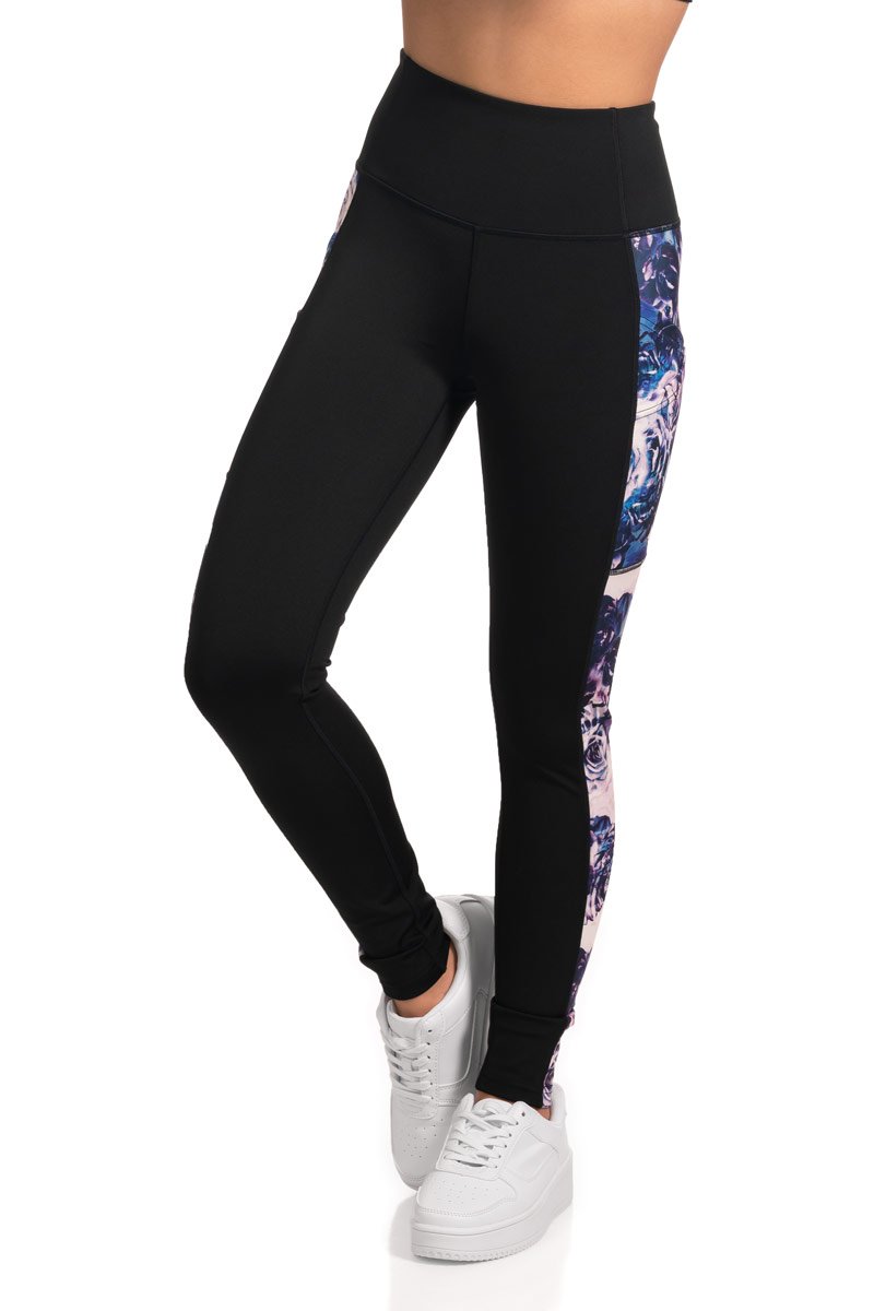 Full Length Active Leggings with Evening Roses Print Side Panel - Its All  Leggings