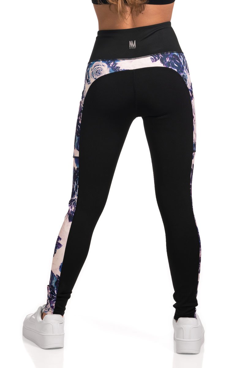 Full Length Active Leggings with Evening Roses Print Side Panel