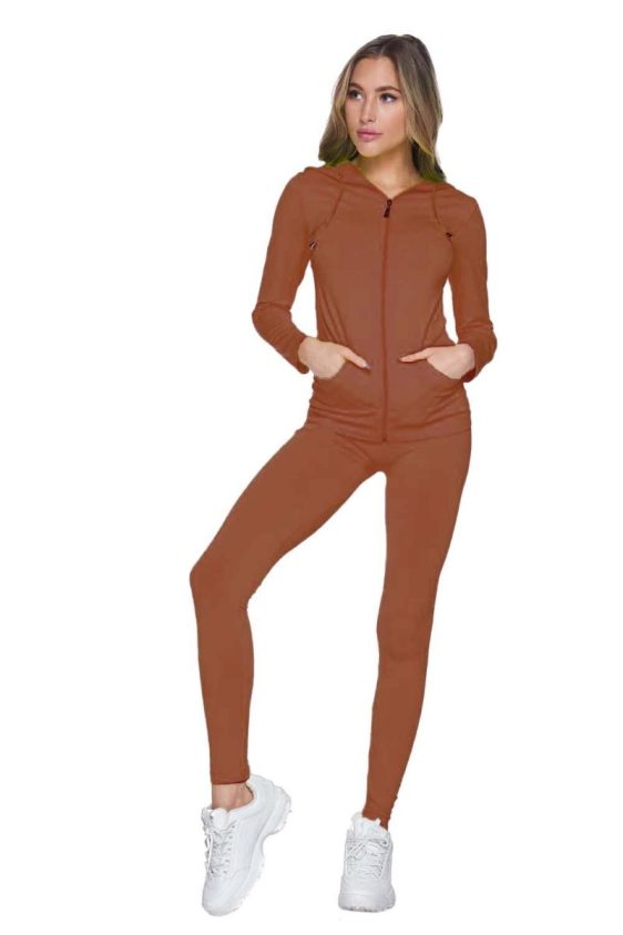 Activewear Sets 2 Pcs Solid Zip Up Hoodie And Legging Tights-Brown
