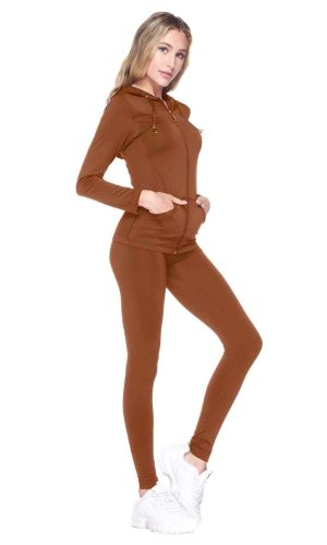 Activewear Sets 2 Pcs Solid Zip Up Hoodie And Legging Tights-Brown