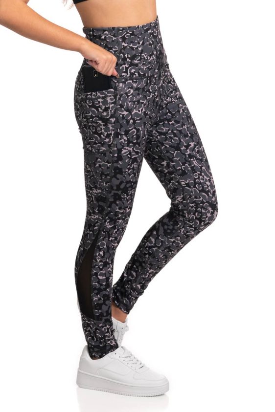 Activewear Yoga Pants 7/8 Cropped Leopard Print with Sheer Mesh Panel and Pocket