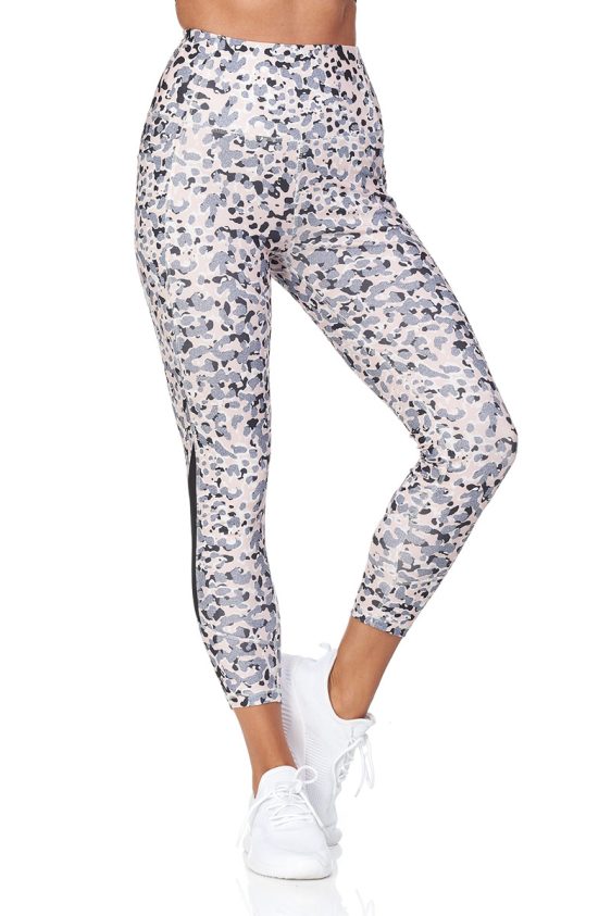 Activewear Yoga Pants 7/8 Cropped Leopard Print with Sheer Mesh Panel and Pocket