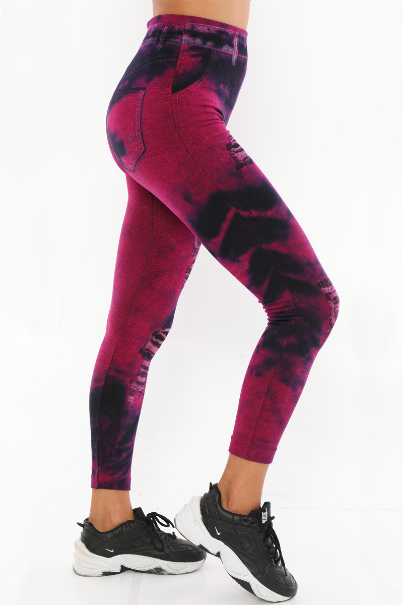 Denim Leggings with Ripped Tie Dye Look Pink and Black Color - Its