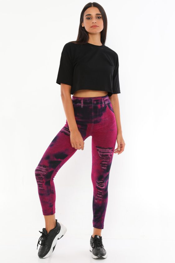 Denim Leggings with Ripped Tie Dye Look Pink and Black Color