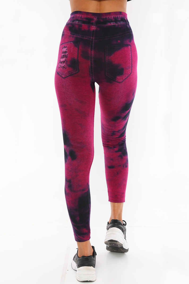 Denim Leggings with Ripped Dye Look Pink and Black Color - Its All