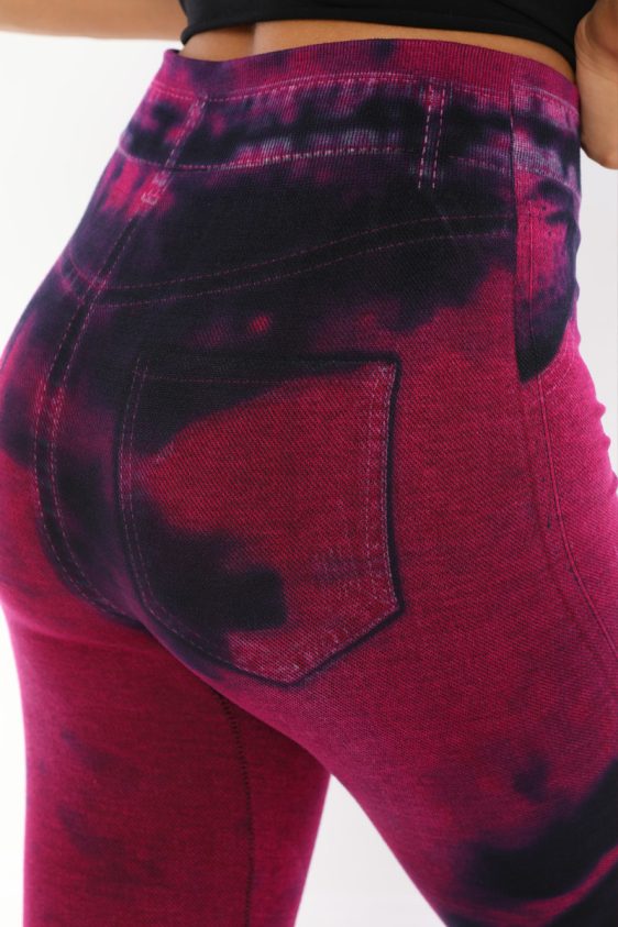 Denim Leggings with Ripped Tie Dye Look Pink and Black Color