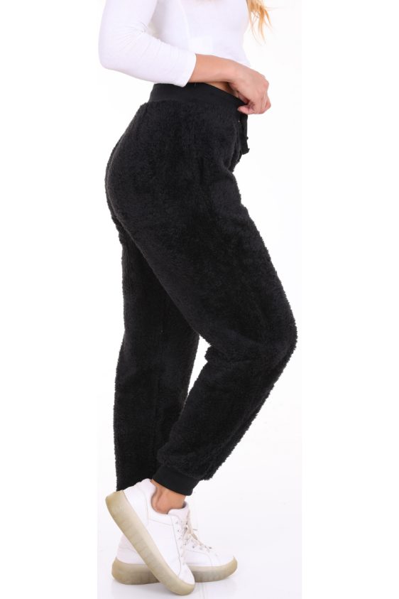 Solid Color Faux Fur Joggers with Side Pockets-Black