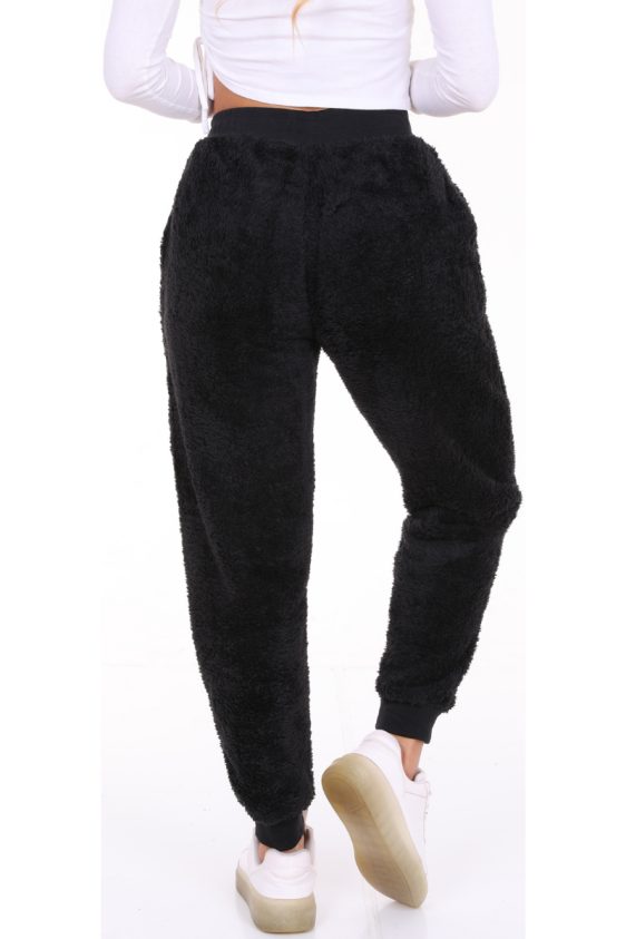 Solid Color Faux Fur Joggers with Side Pockets-Black