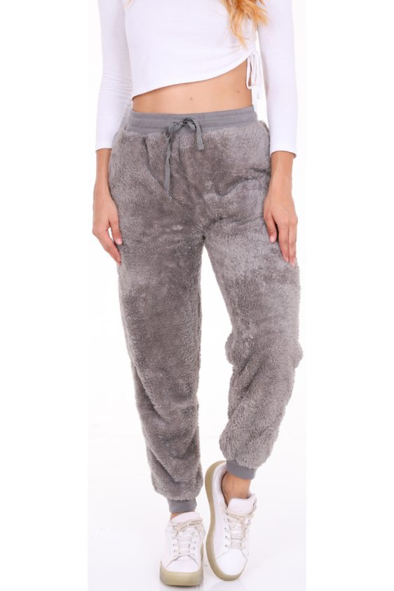 Solid Color Faux Fur Joggers with Side Pockets-Grey