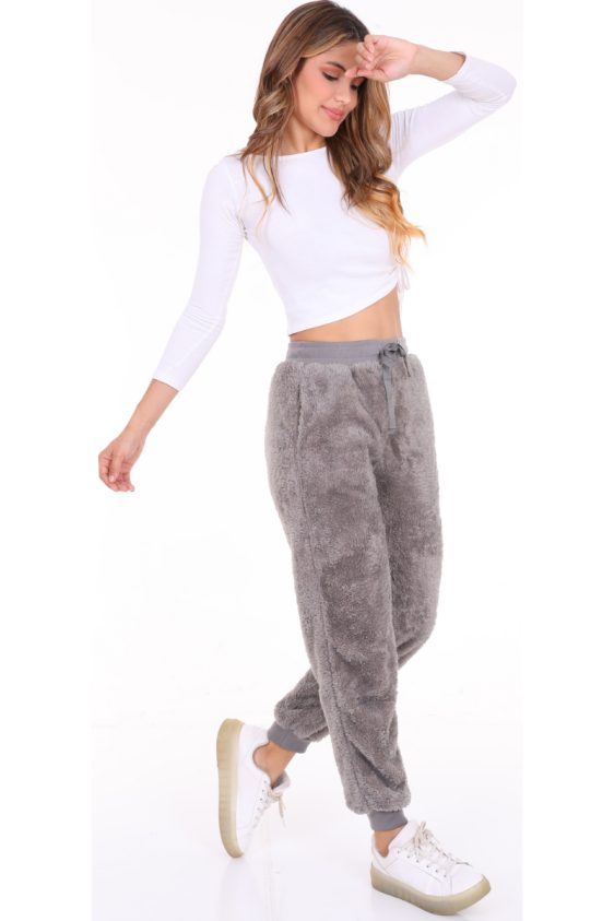 Solid Color Faux Fur Joggers with Side Pockets-Grey