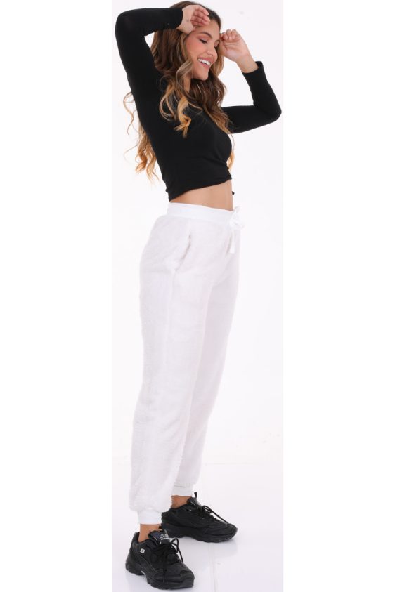 Solid Color Faux Fur Joggers with Side Pockets-Ivory