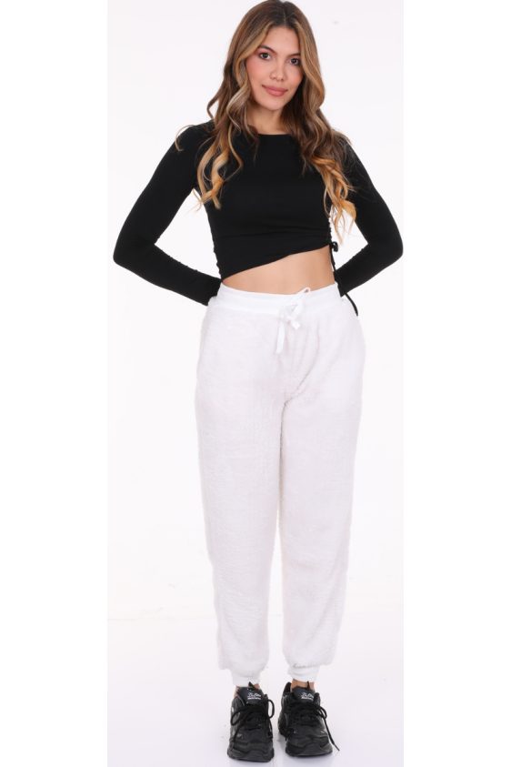 Solid Color Faux Fur Joggers with Side Pockets-Ivory