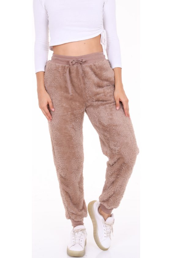 Solid Color Faux Fur Joggers with Side Pockets-Khaki