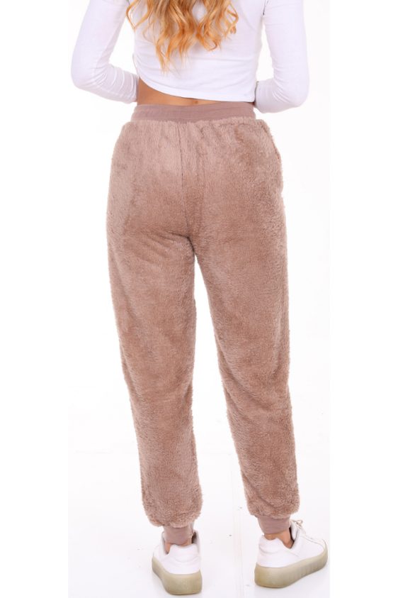 Solid Color Faux Fur Joggers with Side Pockets-Khaki