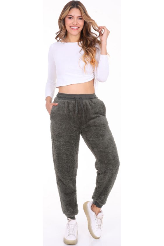 Solid Color Faux Fur Joggers with Side Pockets-Olive