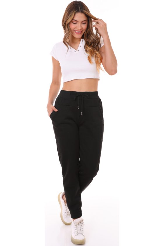 Solid Color Fleece Lined Joggers with Side Pockets-Black