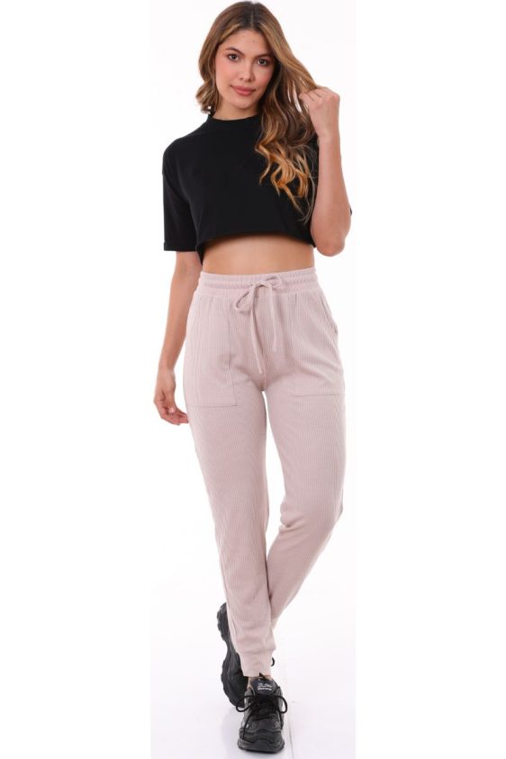Solid Color Rib Knit Joggers with Side Pockets-Beige