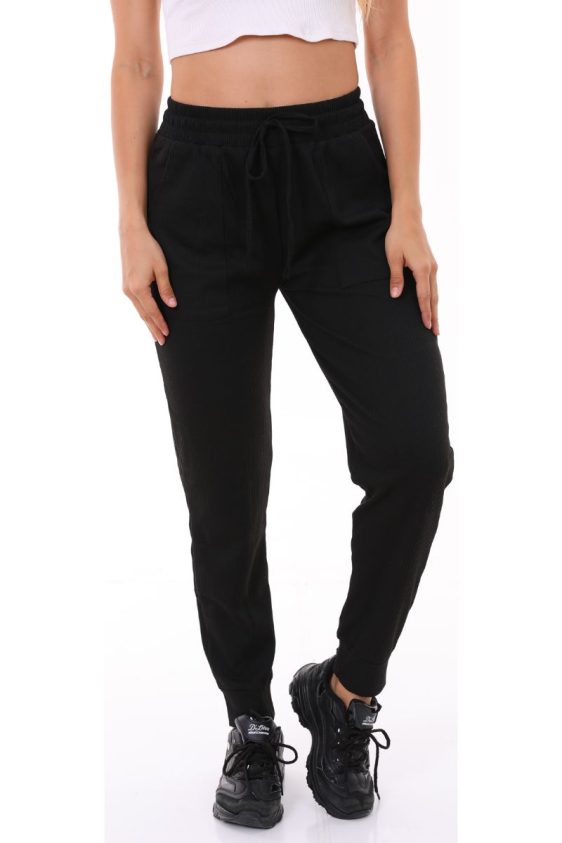 Solid Color Rib Knit Joggers with Side Pockets-Black