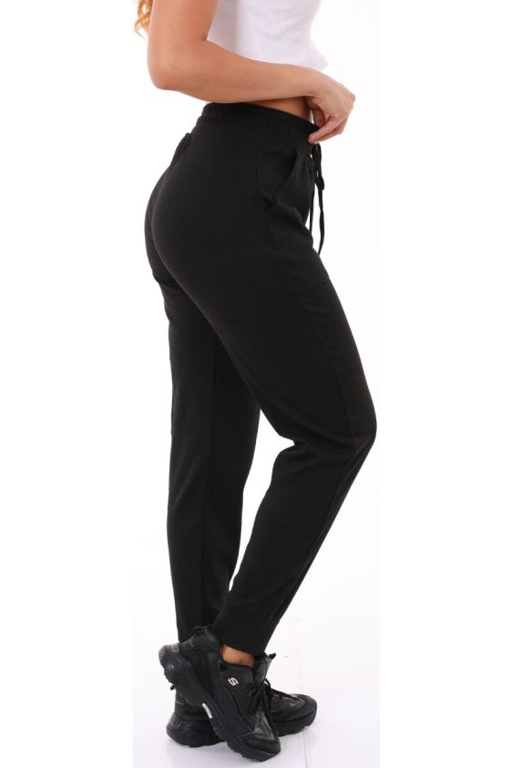 Solid Color Rib Knit Joggers with Side Pockets-Black