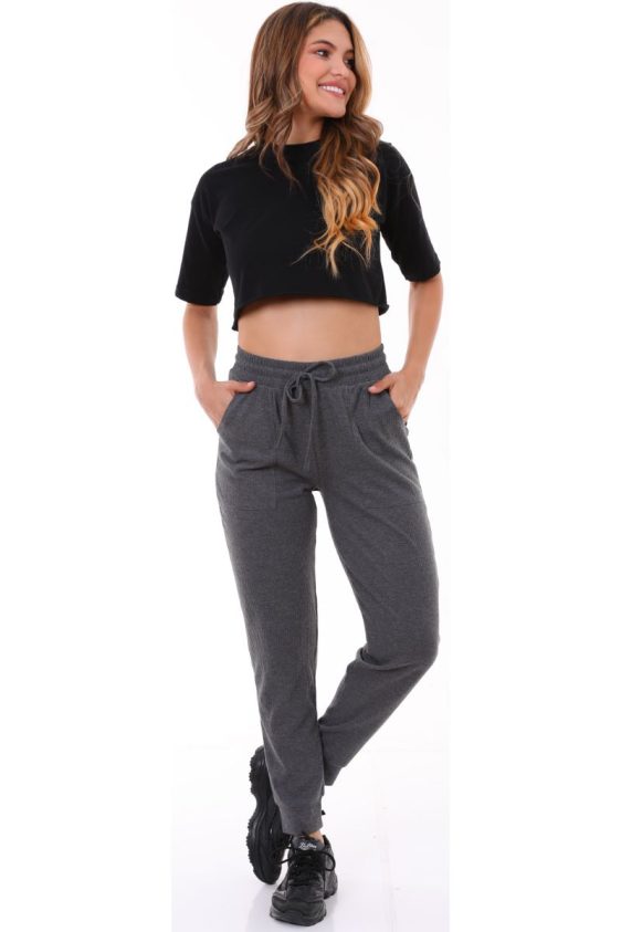 Solid Color Rib Knit Joggers with Side Pockets-Charcoal