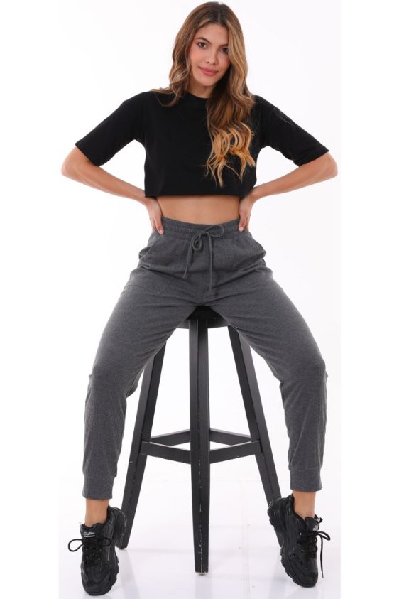 Solid Color Rib Knit Joggers with Side Pockets-Charcoal