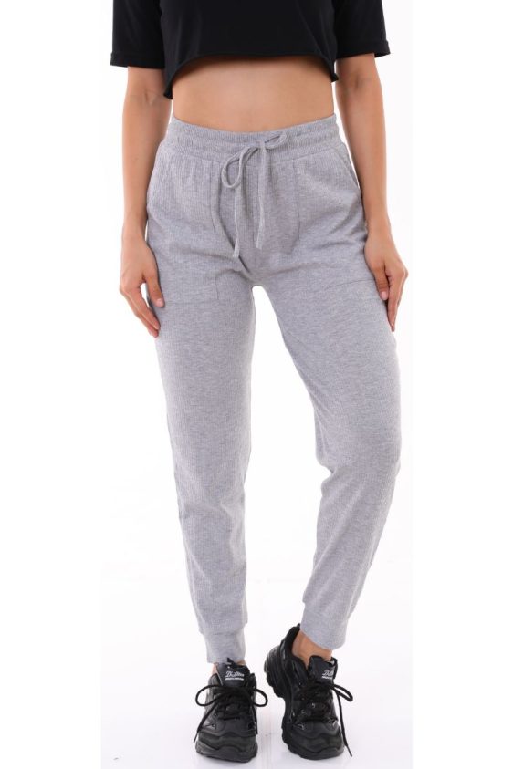 Solid Color Rib Knit Joggers with Side Pockets-Grey