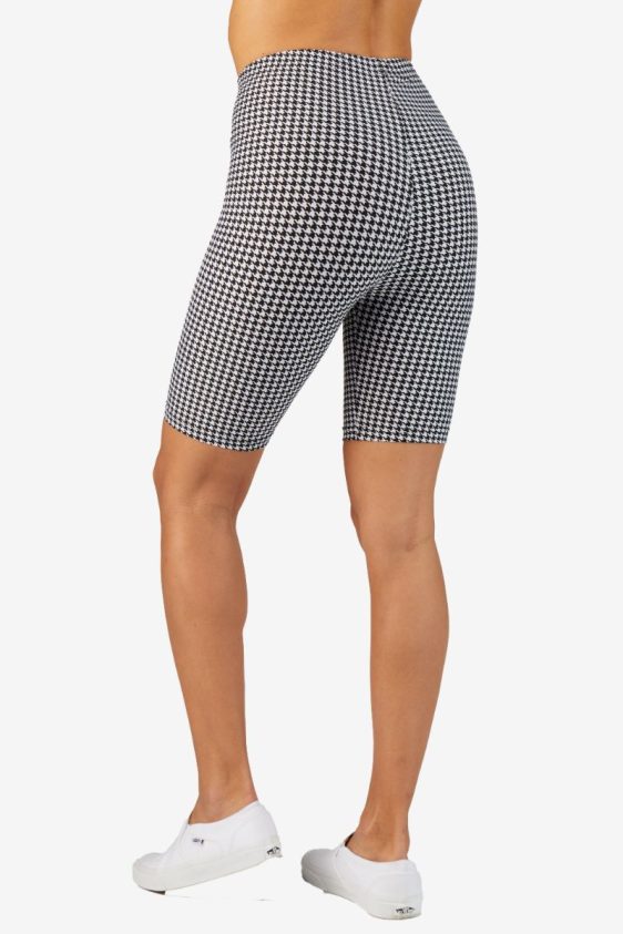 Black White Hounds Tooth Pattern High Waisted Biker Shorts
