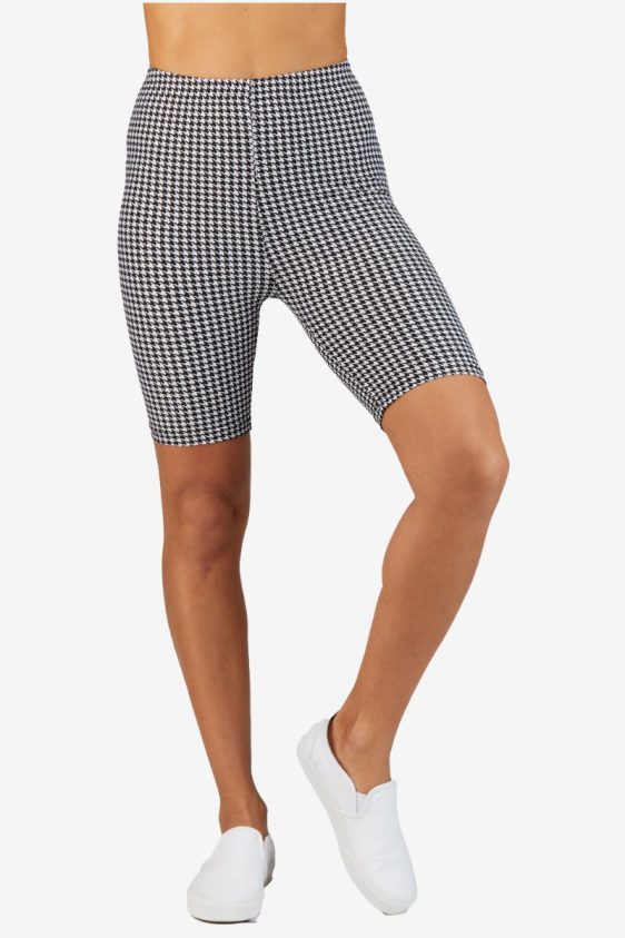 Black White Hounds Tooth Pattern High Waisted Biker Shorts