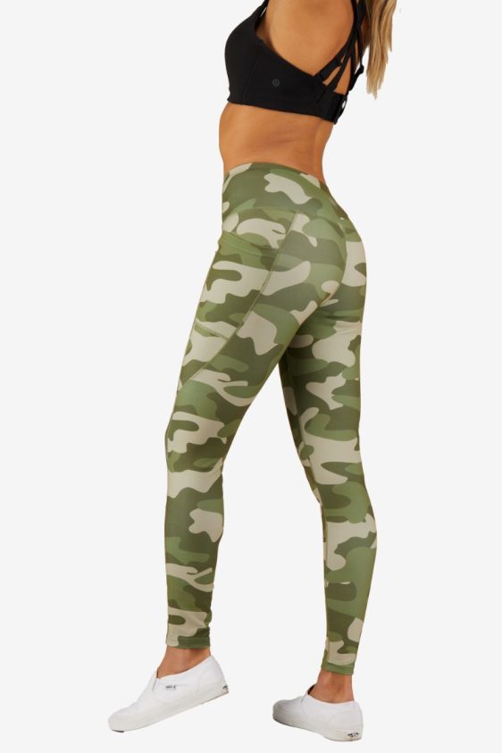 Full Length Green Camouflage Print Active Leggings with Pocket Detail