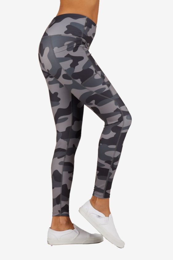 Full Length Grey Camo Print Active Leggings with Pocket Detail