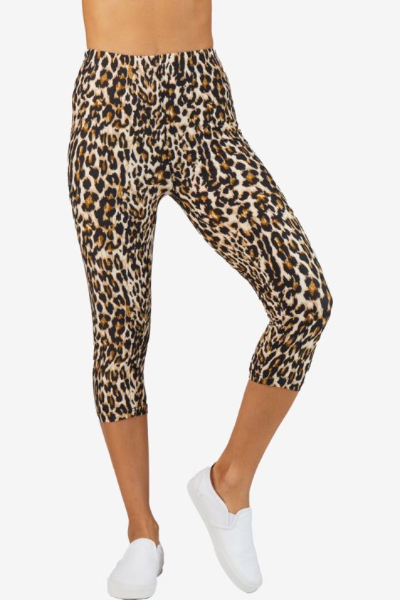 Leopard Pattern Elastic High Waisted Brushed Capri Leggings