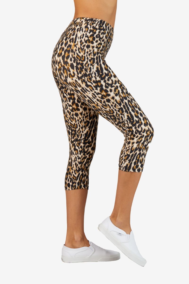 Leopard Pattern Elastic High Waisted Brushed Capri Leggings - Its