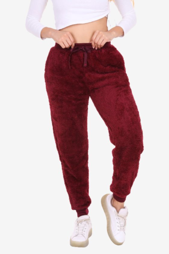 Solid Color Faux Fur Joggers with Side Pockets-Burgundy