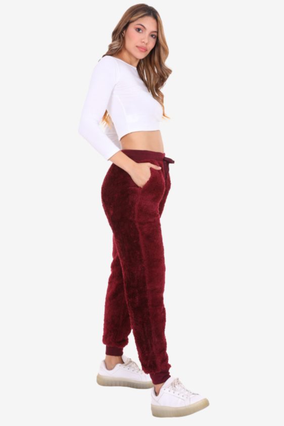 Solid Color Faux Fur Joggers with Side Pockets-Burgundy