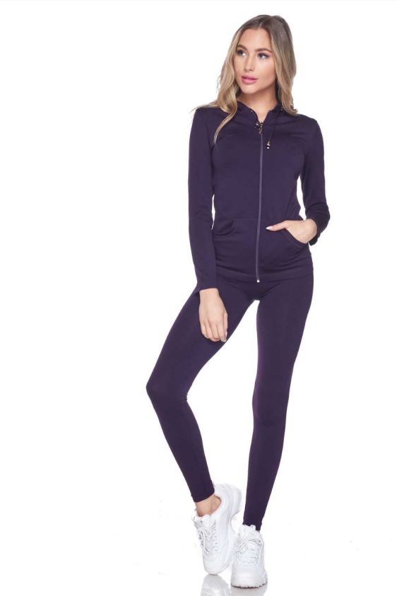 Activewear Sets 2 Pcs Solid Zip Up Hoodie And Legging Tights