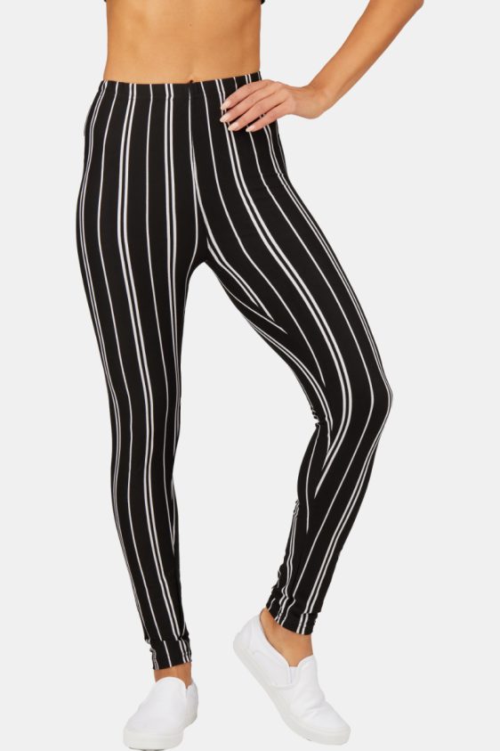 Printed Leggings High Waisted Black and Thin White Color with Striped Pattern