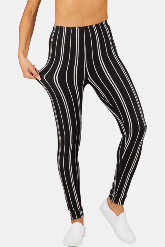 Printed Leggings High Waisted Black and Thin White Color with Striped Pattern