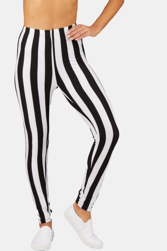 Printed Leggings High Waisted Black and White Color with Striped Pattern